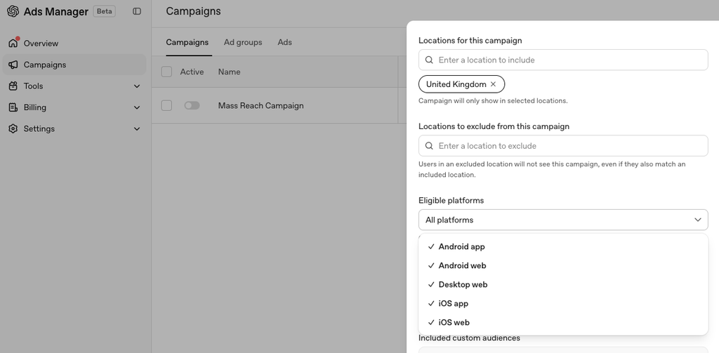 ChatGPT Ads Campaign Locations Platforms - Mass Reach