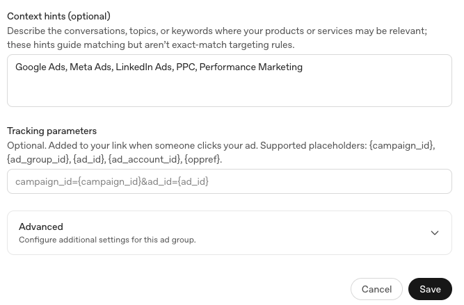 ChatGPT Ads, Ad Group Bid Strategy Context Hints - Mass Reach