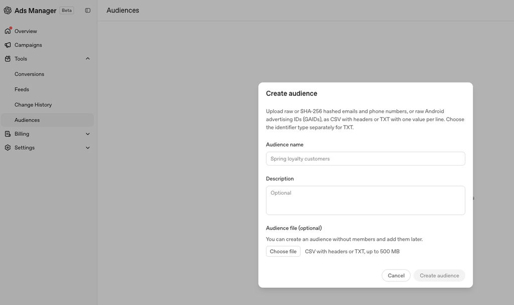 ChatGPT Ads, Create Audiences and First Party Data - Mass Reach