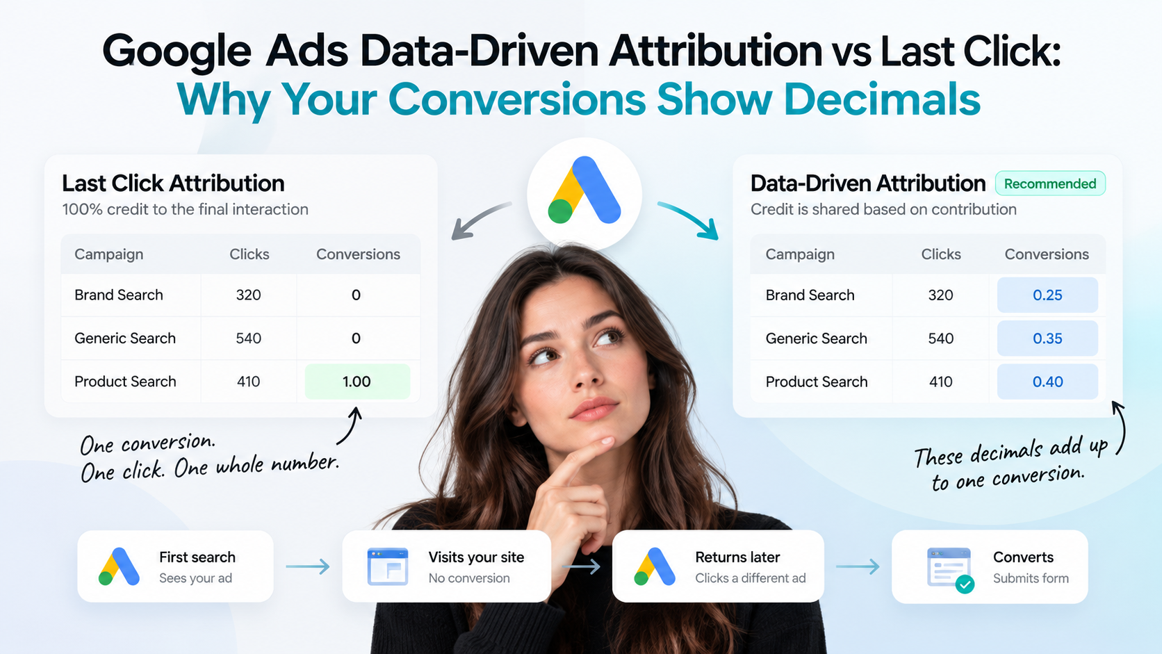 Google Ads conversions column showing fractional conversion credit such as 0.3 and 0.7 across two campaigns - Mass Reach